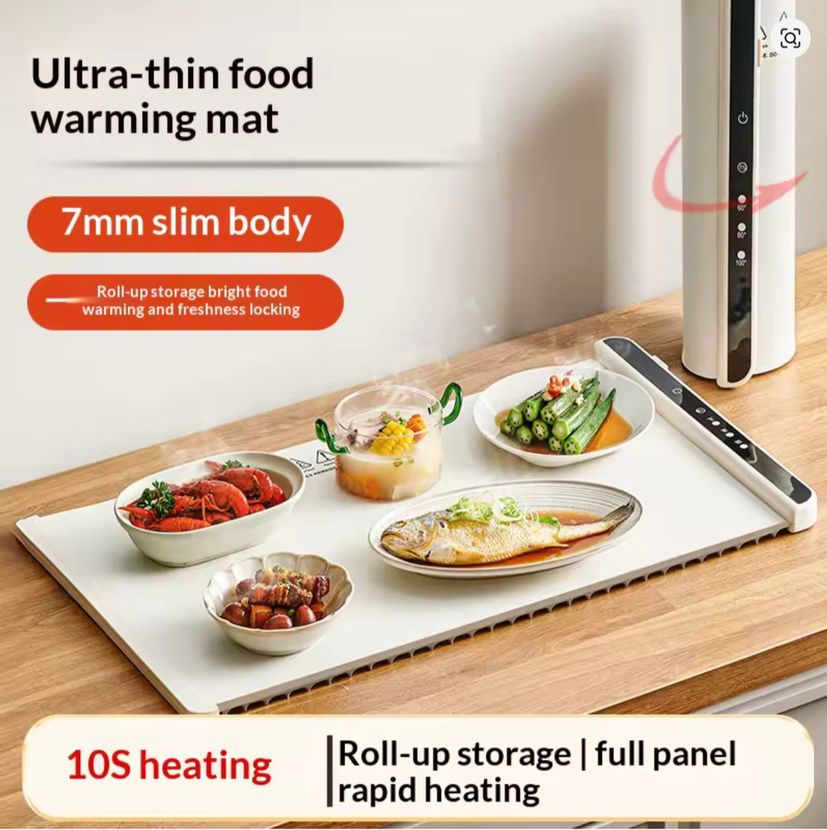 Food warming mat holding several serving dishes, with roll-up storage shown