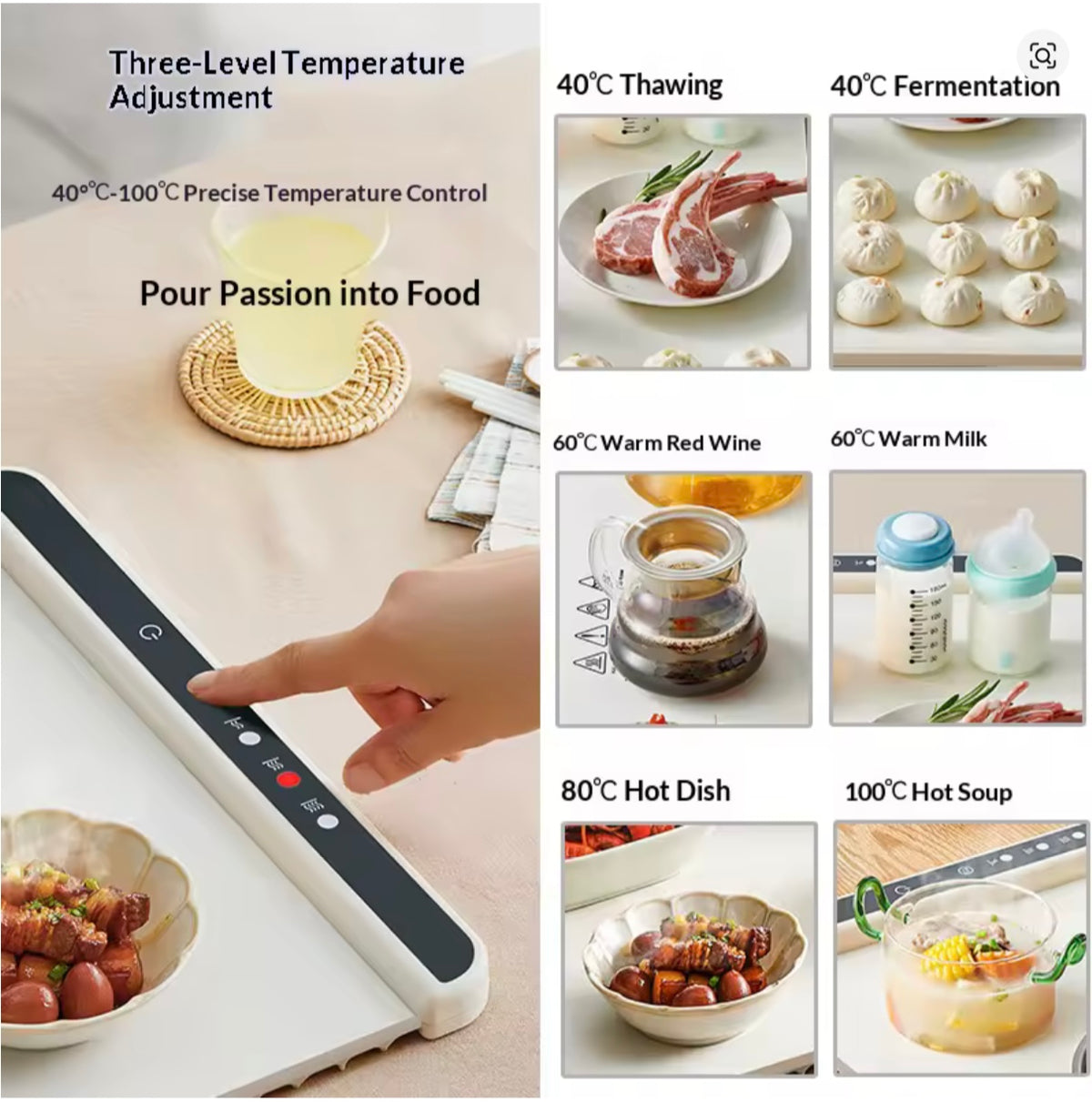 Close-up of the food warming mat touch controls with supplier usage illustrations