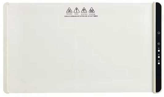 Electric food warming mat with a neutral surface and black side control panel